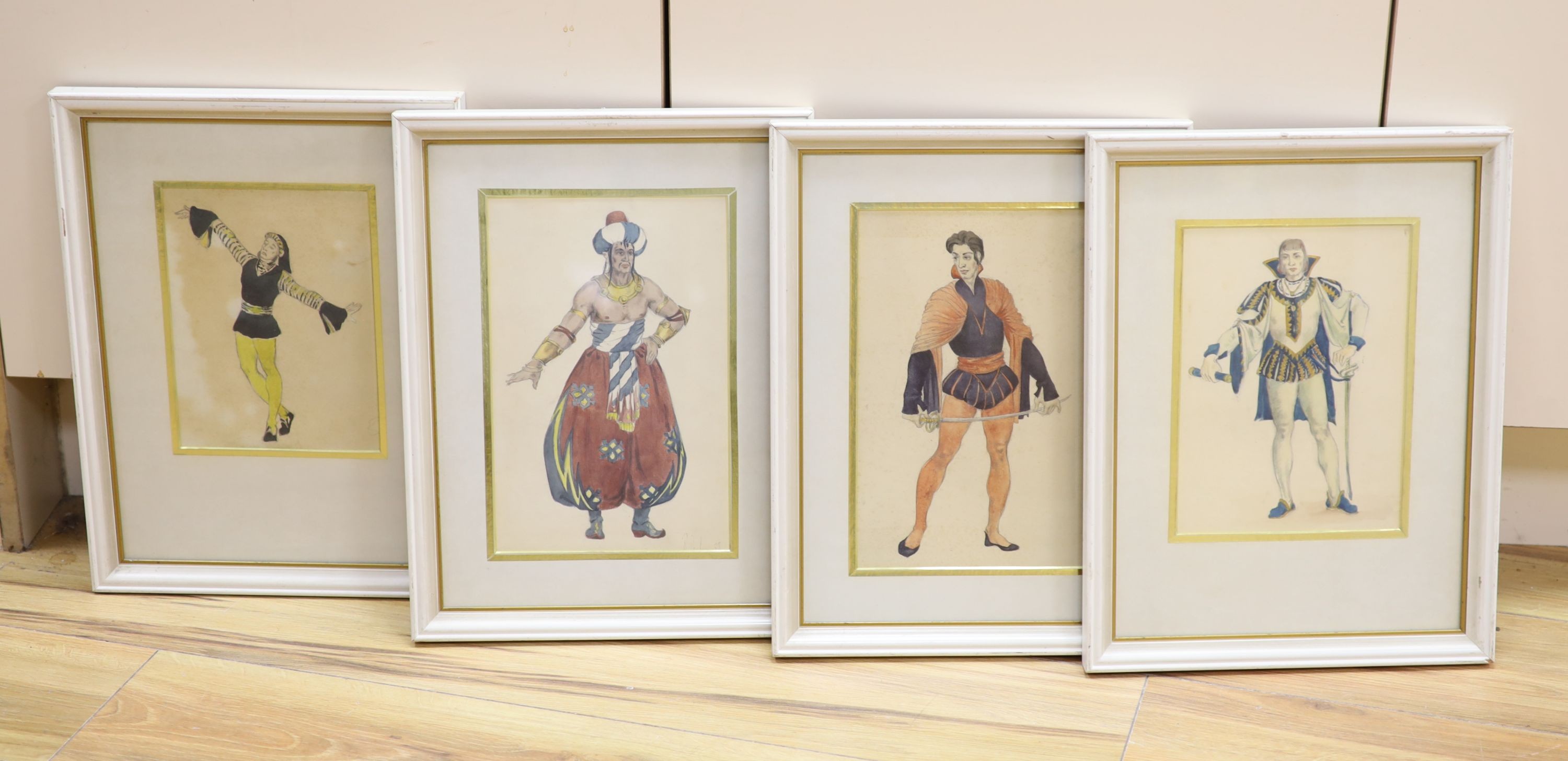 Four opera or theatre costume designs, pencil and watercolour, one indistinctly signed and dated ‘33’, largest 26 x 16.5 cm